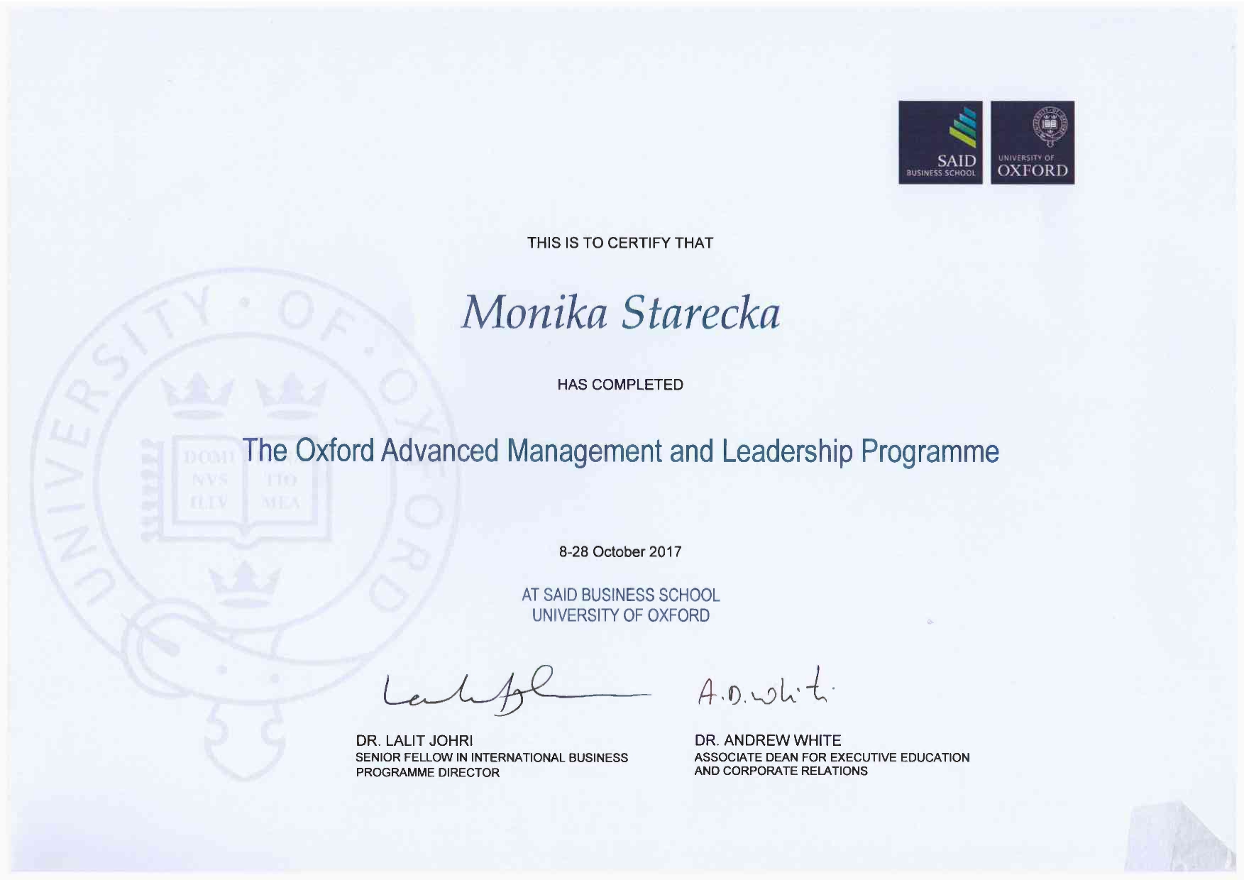 The Oxford Advanced Management and Leadership Program